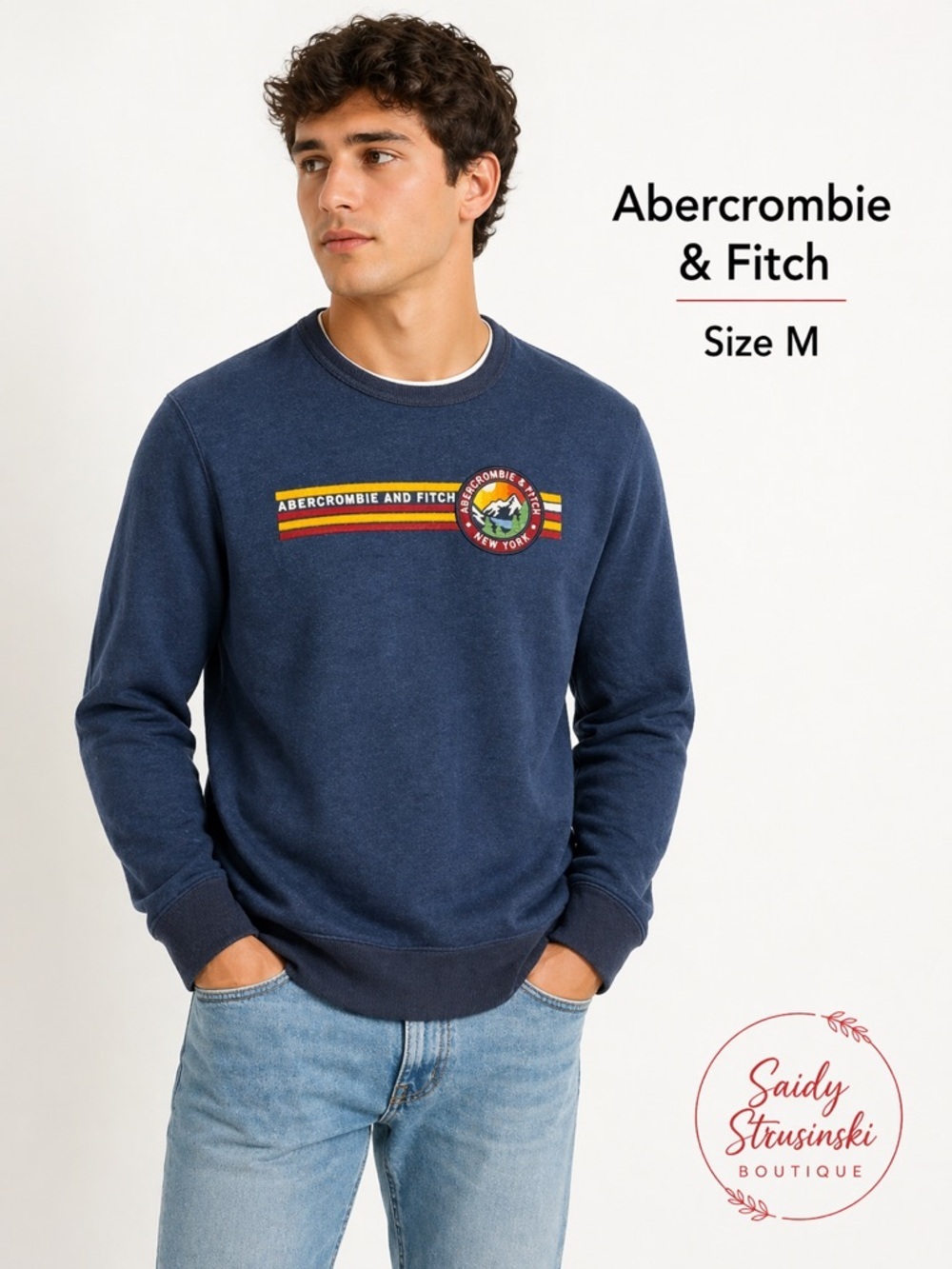 Abercrombie & Fitch Graphic Sweatshirt Blue Retro Logo Crewneck Pullover/M